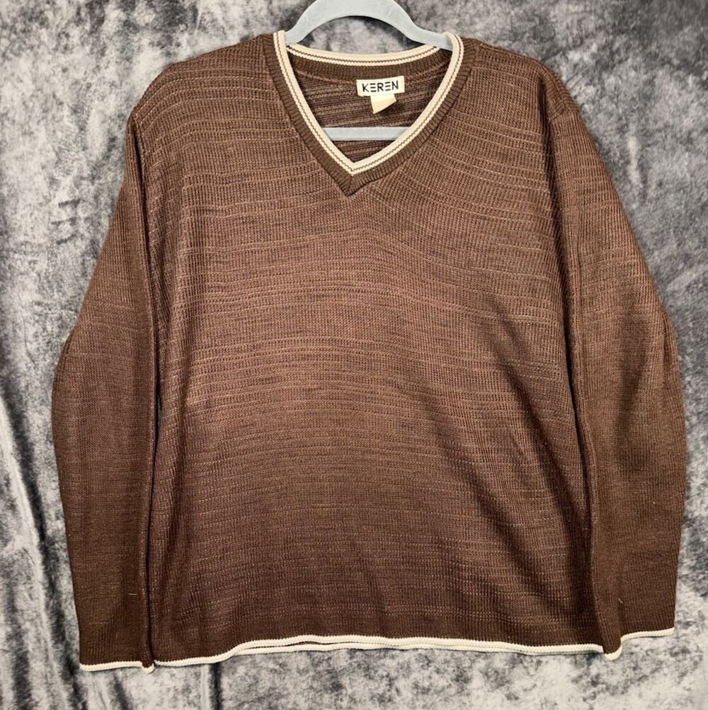 KEREN Brown Waffle Knit V-Neck Sweater M/L (22x25) Vintage Style Lightweight